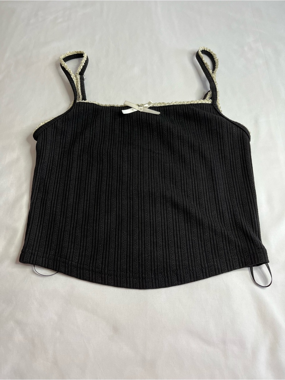 Black Ribbed Spaghetti-Strap Crop Top with Contrast Trim